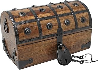 Nautical Cove Pirate Treasure Chest with Iron Lock and Skeleton Key - Wooden Storage and Decorative Box (Medium 11 x 6 x 6.75)