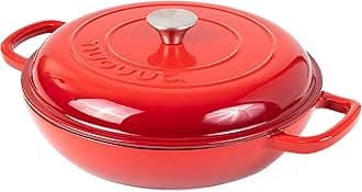 – Shallow Cast Iron Casserole with Lid – Non Stick Dutch Oven Pot, Oven Safe up to 500° F – Sturdy Ovenproof Stockpot Cookware – Enamelled Cooking Pot – Red, 3.7-Quart, 30cm – by Nuovva