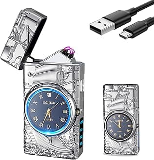 YOZWOO Plasma Lighter, USB Rechargeable, Electronic Lighter with Clock, Stylish, Totem of Eagle, Dual Arc Lighter with LED Lighting, Flameless Windproof Electric Lighter, Silver