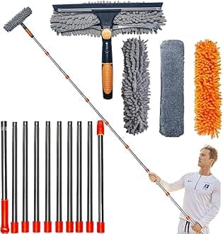 20 ft+ Reach Squeegee Cleaner Duster 2 in 1 Rotatable Window Cleaning Tool Kit With 3-14 ft Extension Pole, Washing Equipment for Indoor Outdoor Glass Car - 3 Pads