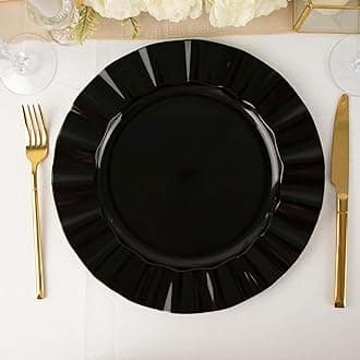 Efavormart 11" Dinner Plates – Set of 10 Plastic Black Round Disposable Plates with Gold Ruffled Rim – Elegant Tableware for Wedding Receptions, Dinner Parties, Holiday Events, and Catering