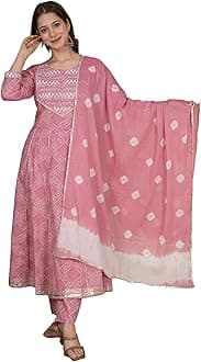 Women's Cotton Printed Pink Anarkali Kurta with Palazzo & Dupatta Set