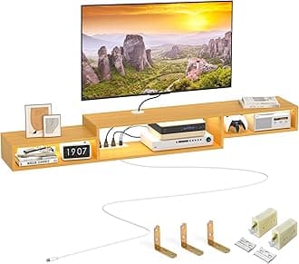 FABATO 71'' Floating TV Stand with LED Light Power Outlet, Floating Shelf for Under TV Wall Mount with Storage Shelf, Media Console Entertainment Center for Living Room, Natural Wood