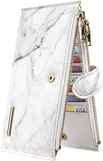 Womens RFID Blocking Large Capacity Wallet Multi Card Organizer Bifold Wallet for Women with Zipper Pocket, White Marble, Large, Casual