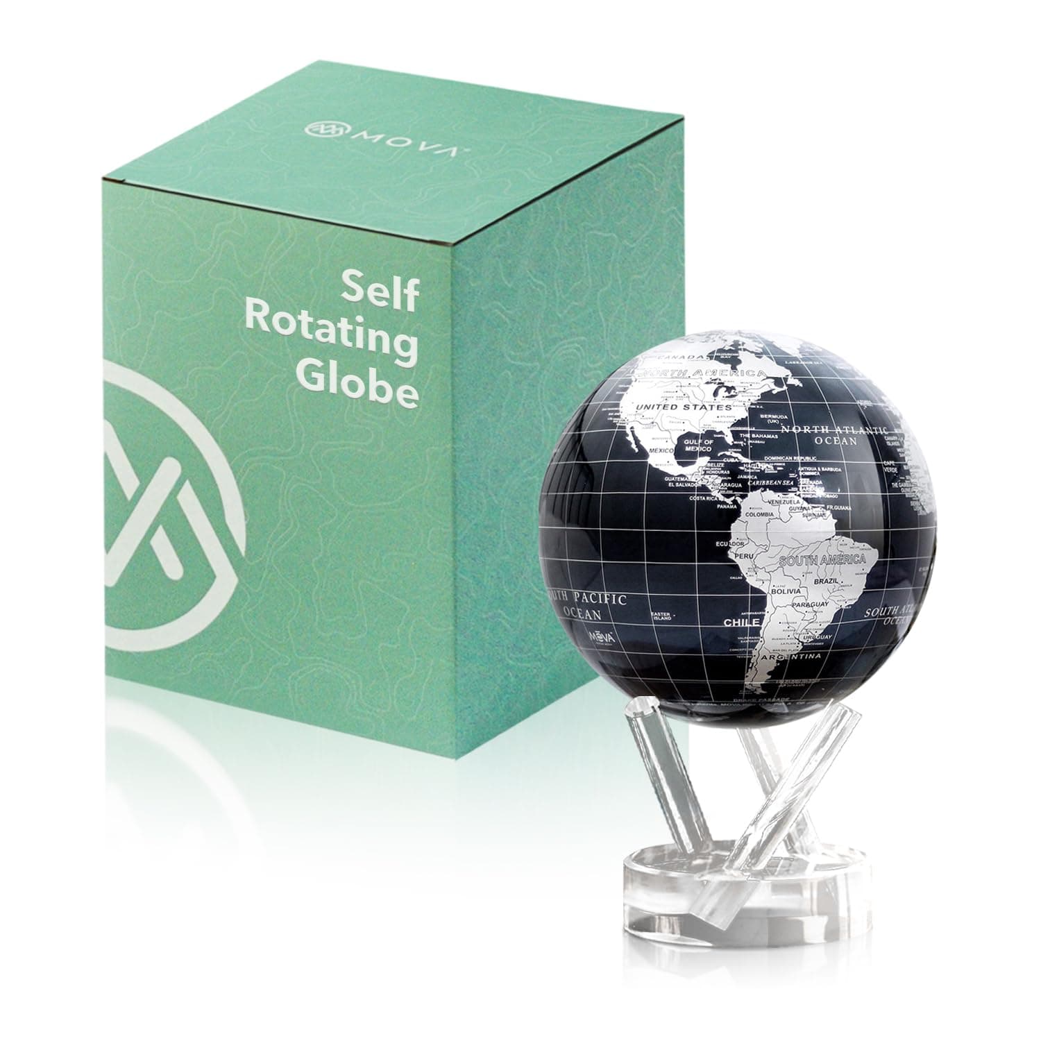 MOVA Globe Black and Silver 4.5" with Base, Solar Powered Rotating Globe No Need of Battery or Chord, Unique Gift and Decoration