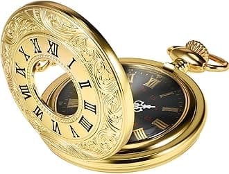 Hicarer Vintage Pocket Watch Steel Men Watch with Chain (Gold)