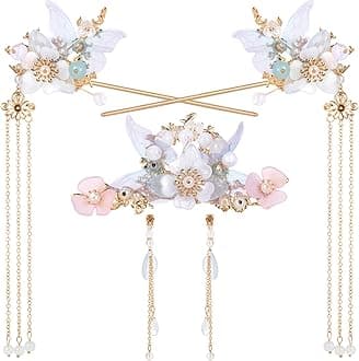 5PCS Bluebell Tassels Hairpin, Crystal Rhinestone Pearl Hair Clips Headpiece Retro Flower Chinese Hanfu Wedding Brides Hair Accessories Jewelry for Women Girls Updo Long Hair