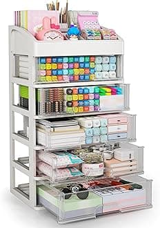 Desk Organizer with Drawers, 5 Drawers Storage Organizer, Desktop Storage Drawers for Office Supplies, Plastic Stationary Organizer, Makeup Organizer, Desk Storage Box for Office, School, Home