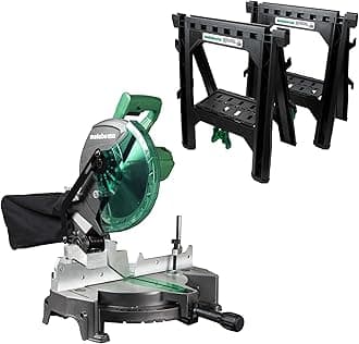 Metabo HPT Compound Miter Saw with Sawhorses Set, 10 Inch & Single Bevel, Large table saw for woodworking, Saw horses 2 Pack Heavy Duty, Weather-Resistant Lightweight Sawhorses, C10FCGS & 115445M