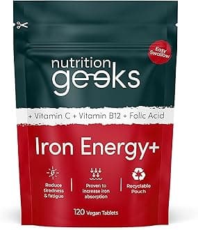– Iron Tablets High Strength - Energy Tablets with Vitamin C, B12 & Folic Acid - 120 Vegan Iron Supplements for Women and Men - 14mg - Enhanced Energy Support & Increased Absorption - UK Made