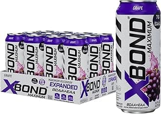 X-BOND Maximum Recovery Expanded Maximum Amino Drink - BCAA + EAA Electrolytes Drink - 16 fl oz (473 ml) - 8g BCAA/EAA, Sugar Free 34 Calories, 60mg Caffeine (Full Box 12 Cans, Grape)
