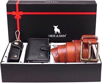 HIDE & SKINLeather Men's Card Holder, Belt, and Keychain Combo Gift Box (Black Belt Combo)