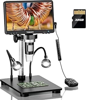 TOMLOVDM9B LCD Digital Microscope: 7" 1200X 1080P Coin Microscope Magnifier, 12MP Ultra-Precise Focusing Soldering Microscopes for Adults, PC View, 32GB, Black