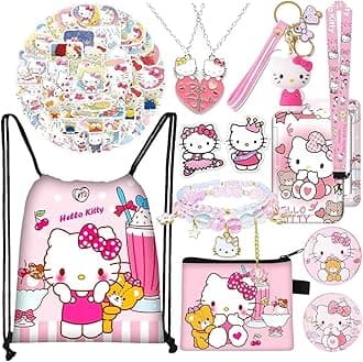 - HASTHIP® 12Pcs Kawaii Sanrio Stuff Kitty School Supplies Set, Hello Kitty Sanrio Stationery Set with Drawstring Bag Coin Wallet Bracelet Keychain Necklaces Button Pins Stickers Lanyard for Kids Adults