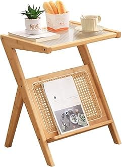 Rattan Side Table, Mid Century Nightstand, Bamboo Accent Bedside Tables, Glass Coffee Tables, Boho Wooden End Table with Storage for Small Space, Living Room and Bedroom