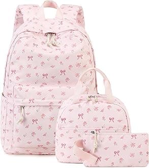Teen Girls School Backpack Kids Bookbag Set with Lunch Box Pencil Case Travel Laptop Backpack Casual Daypacks (Pink bow tie)