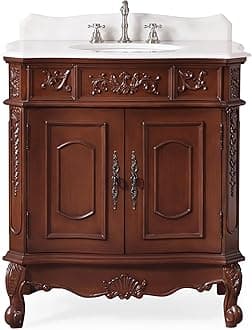 Tennant Brand 33 inch Benson Traditional Style Brown Cabinet Bathroom Sink Vanity with White Marble Top