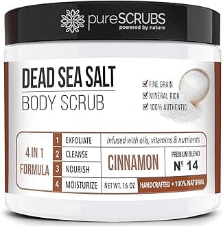 pureSCRUBSPremium Organic Body Scrub Set - Large 16oz CINNAMON BODY SCRUB - Dead Sea Salt Infused Organic Essential Oils & Nutrients INCLUDES Wooden Spoon, Loofah & Mini Organic Exfoliating Bar Soap