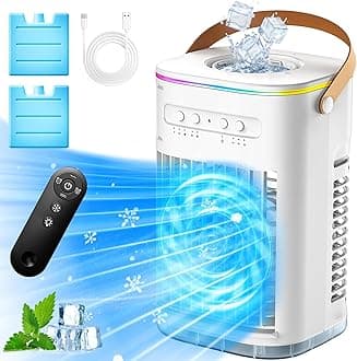BALKO 4-IN-1 Personal Air Conditioner w/Remote, 2 Ice Packs, 1200ML Tank, 7H Timer for Smart Auto-Off,2 Cool Mist,3-Speed Small Portable Air Conditioner, 7-LED Light Evaporative Air Cooler for Room