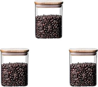 Jinelza 270 ml with wooden lid glass jar set food storage containers Borosilicate Glass Set/Suit for Sugar, Salt, Coffee, Tea, and Other Dry Food Storage (270ML SQUARE JAR, 3 PCS)