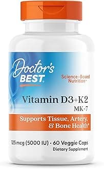 Doctor's Best Vitamin D3 and K2 Supplement for Men & Women - Vitamin D3 5000 IU + K2 as MK-7, Bone Health Support, Gluten Free, Non GMO, Vegetarian Capsules - 60 Veg Caps