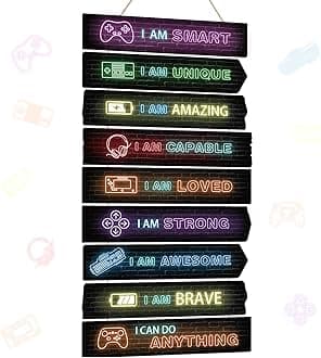 Chunful Set of 9 Boys Room Bedroom Decor Boys Inspirational Wall Decor Wood Hanging Plaque Motivational Kids Bedroom Wall Sign for Kids Teenage Toddler(Game)