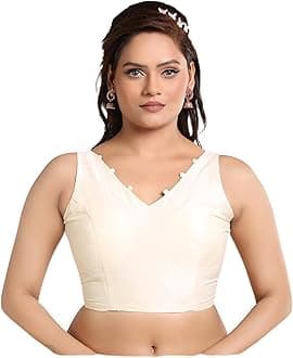 Madhu Fashion Women's Sleeveless Solid Pattern V Neck Readymade Saree Blouse