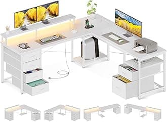 AODK 59" L Shaped Computer Desk, 105" Reversible Home Office Desk with File Cabinet & 4 Fabric Drawers, Two Person Desk with LED Lights & Power Outlet, Corner Gaming Table, White