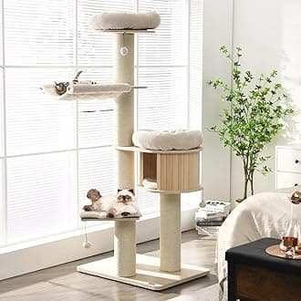 Tangkula Modern Cat Tree, Multi-Level Large Cat Tower with Condo, Hammocks & Hanging Basket, Tall Cat Tree with Sisal Posts, Washable Cushions, Wood Cat Trees and Towers for Indoor Large Cats