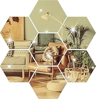 DIY Wall Decals Acrylic Mirror Sticker Set 12 Pcs, Hexagon Mirror Wall Stickers for Living Room Bedroom Decor (Gold)
