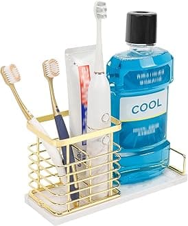 HarJue Toothbrush Holder, Luxurious Metal Toothbrush Toothpaste Holder with Marble Base for Bathroom, Multi-Slots Openwork Design, Bathroom Accessory for Storage and Organizer (Large, Gold)