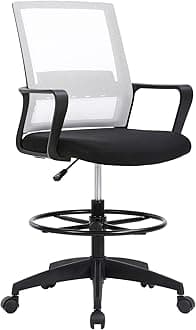 Drafting Chair Tall Office Chair Adjustable Swivel Rolling Mesh Height with Lumbar Support Arms Footrest Mid Back for Adults Standing Desk Drafting Stool (White)
