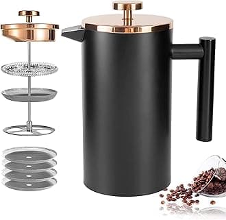 Miuly French Press Coffee Maker, 21Oz Stainless Steel With 3 Level Filtration System, Double Wall Insulated With 4 Filters and 1 Metal Spoon, Black