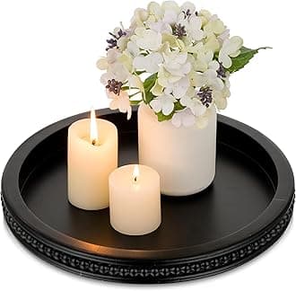 Hanobe Wood Decorative Tray Round: Black Beaded Coffee Table Tray Circle Modern Wooden Trays Home Decor Kitchen Counter Centerpiece Organizer