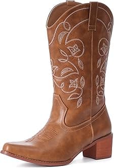 Cowboy Boots For Women Wide Calf Pointy Toe Cowgirl Boots Mid Calf Western Boots