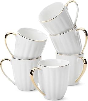 BTaT- White Coffee Mugs Set of 6 (12 oz), Porcelain White Coffee Mug Set with Gold Trim Design, Christmas Gifts
