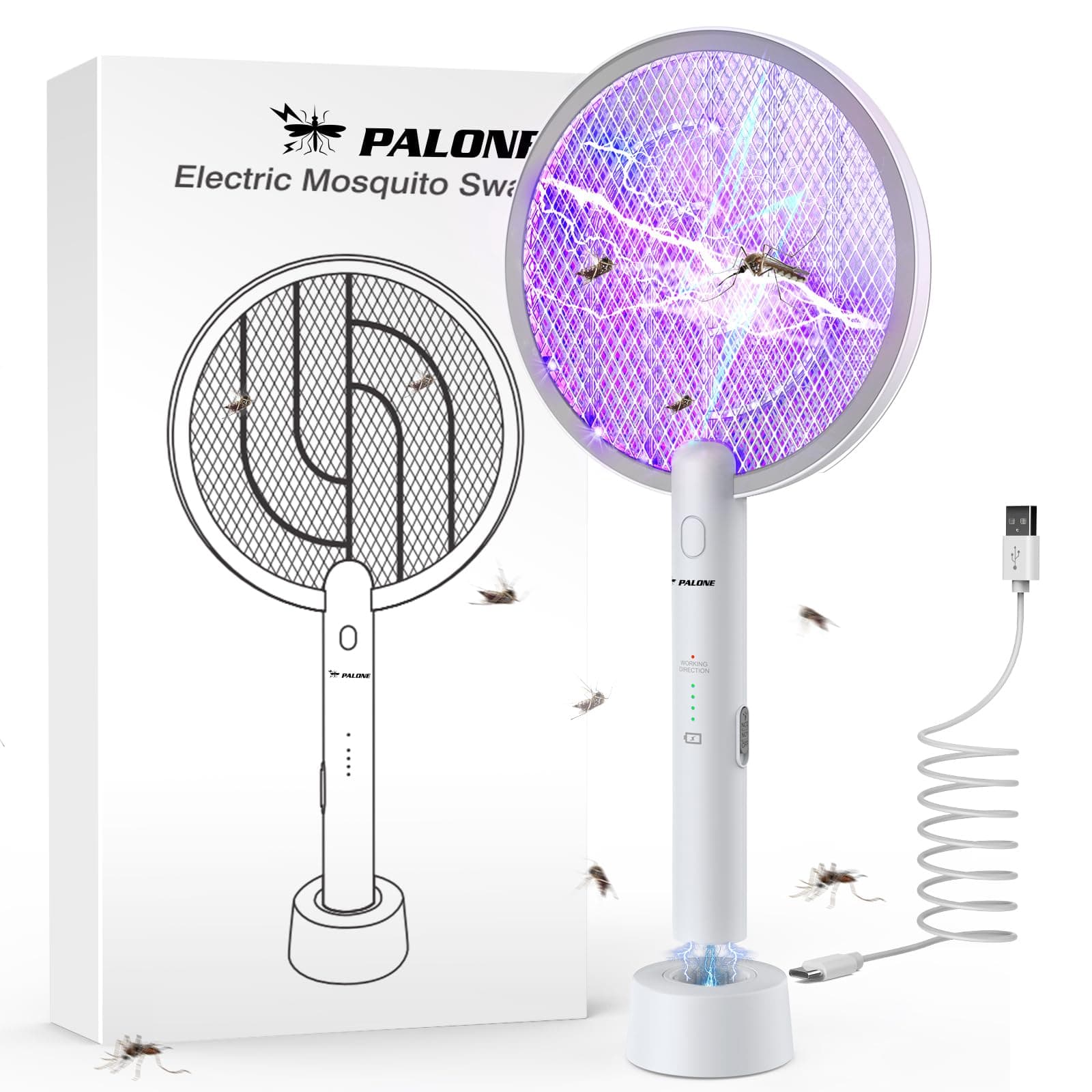 PALONE Bug Zapper, 2 in 1 Mosquito Swatter Fly Killer with USB Charging 3000V, Strong Light Safety Net Protection, White Electric Mosquito Swatter for Mosquitoes, Flies, Bees, Moths