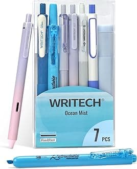 Gel Pens Journaling Highlighters: Journal Set Aesthetic Assorted Pastel Color Ink 0.5mm Fine Point Retractable 0.7mm Black Pen Smooth Writing Drawing No Bleed 7ct (Blue)