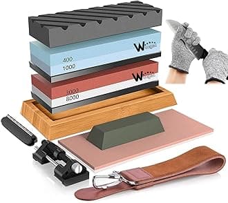 Professional Knife Sharpeners kit – 400/1000 3000/8000 Grit Whetstone Knife Sharpener Set with Non-Slip Rubber Base, Angle Guide, Flattening, Leather Strop and Cut Resistant Gloves