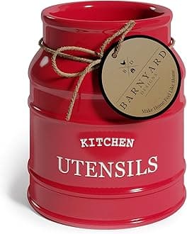 Barnyard Designs Ceramic Utensil Crock Holder for Kitchen Counter, Rustic Farmhouse Countertop Decor, French Country Organizer for Cooking Utensils, Red, 15 x 17cm