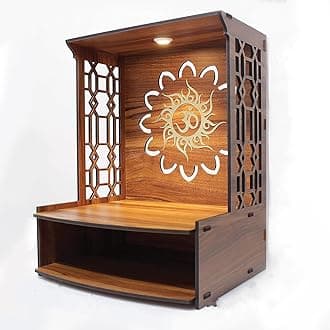 Wooden Pooja Stand with LED Spot Light – Beautiful Wall Mounted Puja Mandir for Home & Office | Ideal Temple for Daily Worship (H-15.5, L-11.5, W-11 Inch)