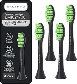 Brushmo Replacement Toothbrush Heads, Compatible with Philips One for Sonicare Electric Toothbrush Handles HY1022, 4 Standard Heads with Tongue Cleaner, Soft Dupont Bristles, BM124m, Shadow Black