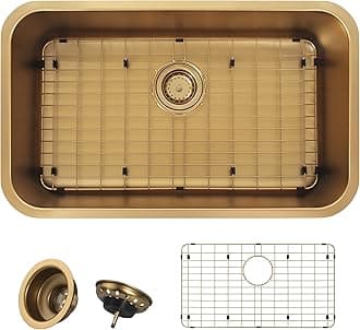 MONSINTA 29.5" x 18" x 9" Gold Kitchen Sink, Single Bowl Undermount Stainless Steel Sink with Grid and Drain Assembly