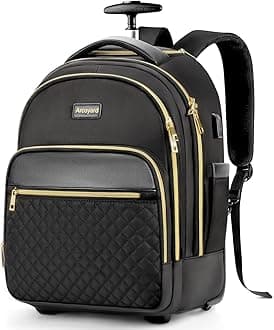 Small Rolling Backpack for Women, Lightweight Travel Backpack with Wheels, Roller Backpack for Adults, Water Resistant Rolling Laptop Bag, Wheeled Underseat Carry On Luggage, Black Gold