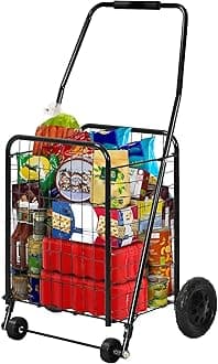 DWVO Folding Shopping Cart with Wheels, Rolling Foldable Grocery Cart for Seniors, Portable Collapsible Utility Cart for Shopping Groceries Laundry Stair Climbing Storage