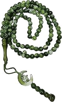 Islam Prayer Tasbih 99 Beads AMN-303 Muslim 8 mm. Rosary Bead Moon Star Decorated Tassels Haj Eid Ramadan Gift (Green)