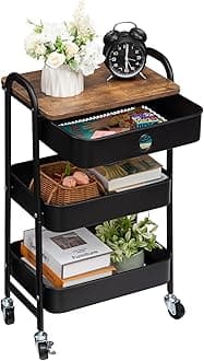 DOEWORKS Metal Storage Cart with Drawer, 3-Tier Trolley Cart on Wheels, Rolling Storage Trolley for Room, Bathroom, Office, Black