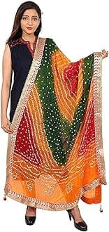 Kalpit Creations Jaipuri Rajasthani Women Silk Bandhani Bandhej Multi-Colored Heavy Dupatta With Gota Work And Latkan (Red.Yellow.Green), Free Size