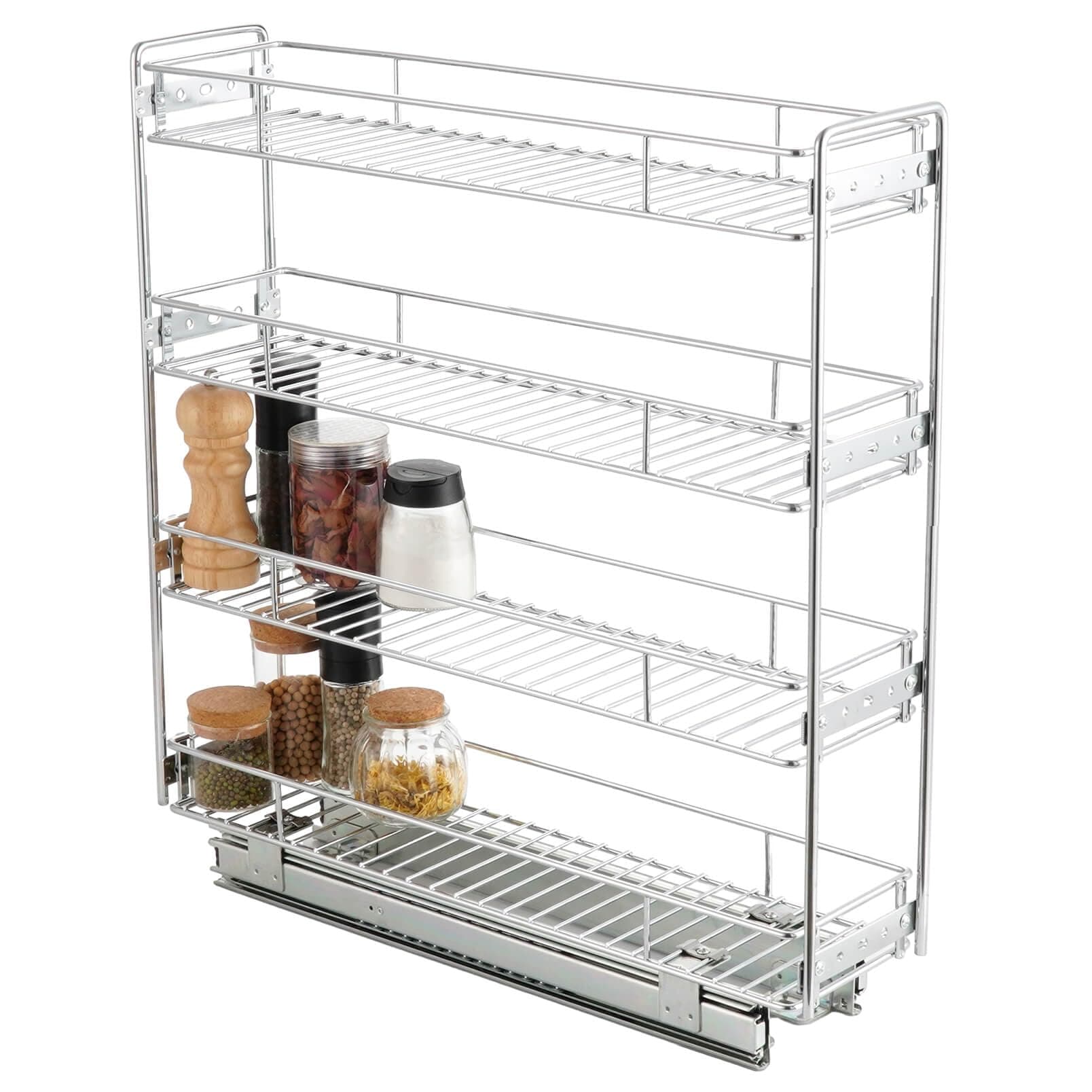 OCG 4-Tier Pull Out Kitchen Cabinet Spice Rack Holder Shelves (8" W x 21" D), Slide Out Slim Storage Wire Baskets for Storage Organization, Narrow Slide Out Storage for Narrow Space