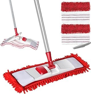 MASTERTOP Floor Mops for Cleaning Floors, Microfibre Flat Mop for Hard Floor - Multi-Surface Wet and Dry Cleaning Mop for Indoor Home - 4 Reusable Pads (Chenille + Nylon) - Red